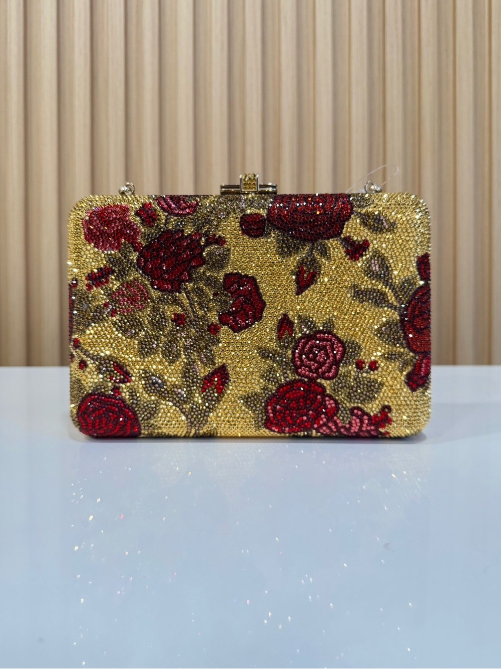 Judith Leiber Slim Slide Floral Red and Gold Clutch